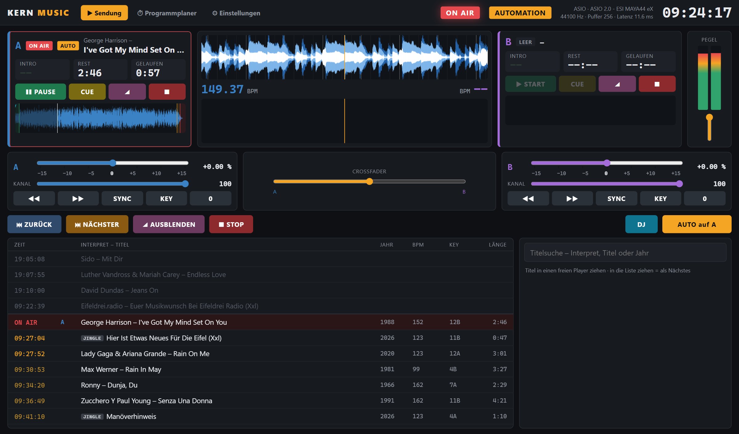 KERN DJ – zwei Player, Wellenform, Pitch, Sync und Crossfader